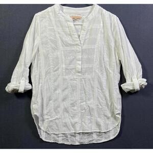 Gibson Latimer Top M White Tunic Windowpane Shadow Striped LS Roll Tab Oversized